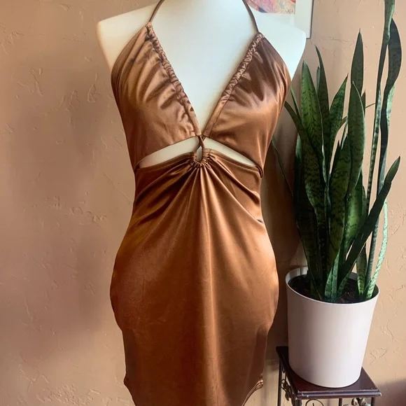 Copper Brown Shiny Body Control Halter Cocktail Mini Dress NWT - Picture 9 of 11